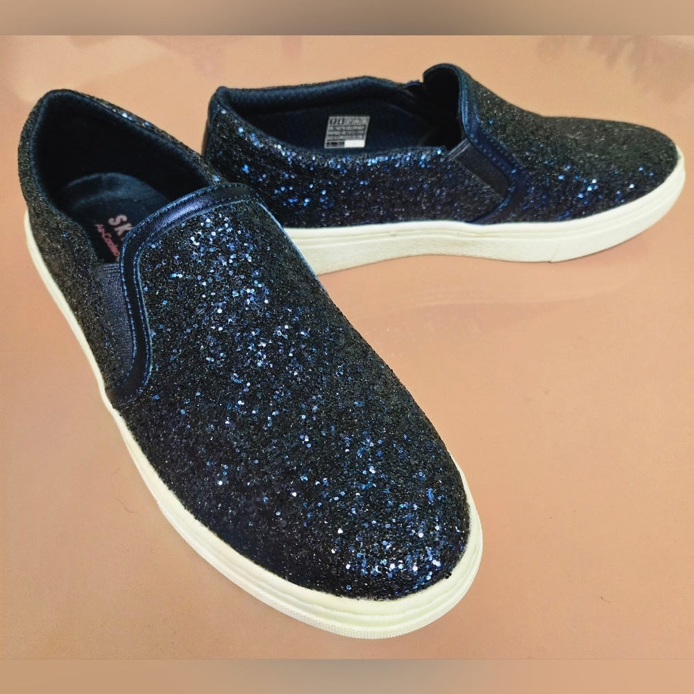 New! Skechers Air Cooled Memory Foam Navy Blue Glitter Slip On Shoes 7 - Picture 6 of 14